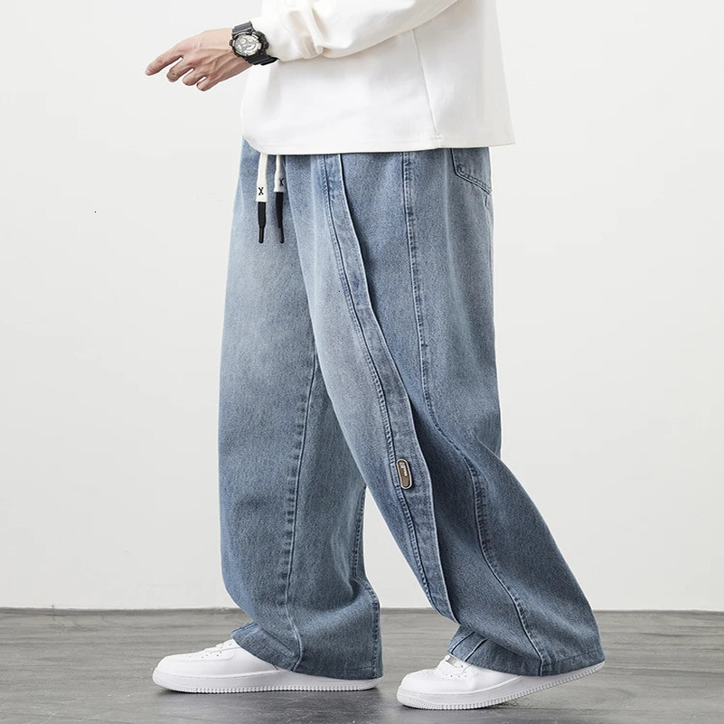 Plus Size Mens Jeans Wide Leg Straight Denim Pants Washed Cotton String Banding Casual Baggy Jean Trousers 6XL 7XL 8XL 250116