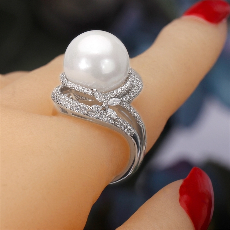 Wedding Rings Trendy Round Pearl Statement Rings for Women Cubic Zircon Finger Rings Beads Charm Ring Bohemian Beach Jewelry Gifts 230713