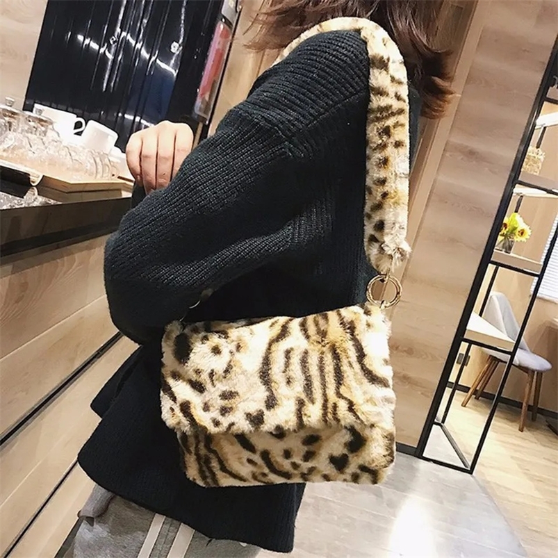 Evening Bags Women Winter Faux Fur Shoulder Bag Winter Soft Plush Leopard Print Ladies Hand Bags Fashion Party Female Handbag Torebka Damska 231030