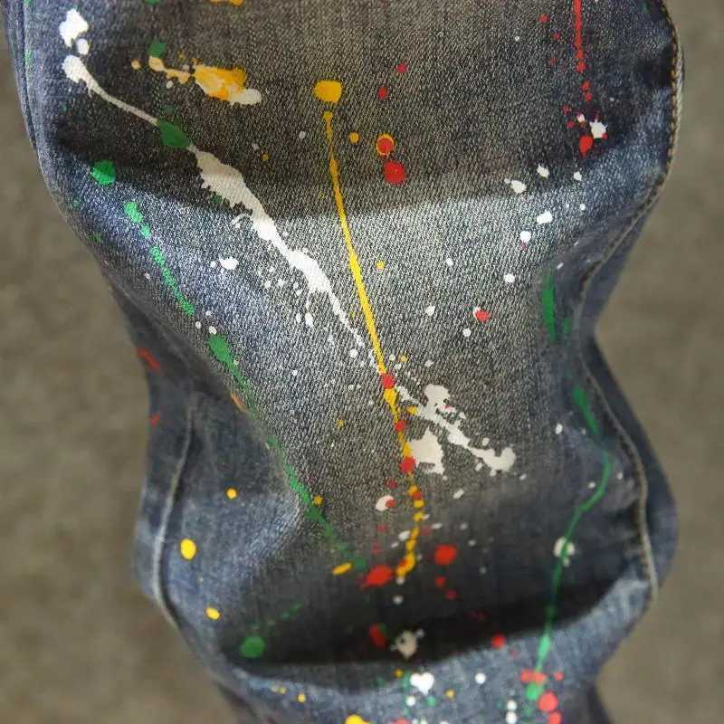 Spring Autumn Designer Clothes Mens Korean Stylish Slim Fit Jeans Fashion Trendy Painted Denim Pants Ink Stretch Skinny Pants L250923