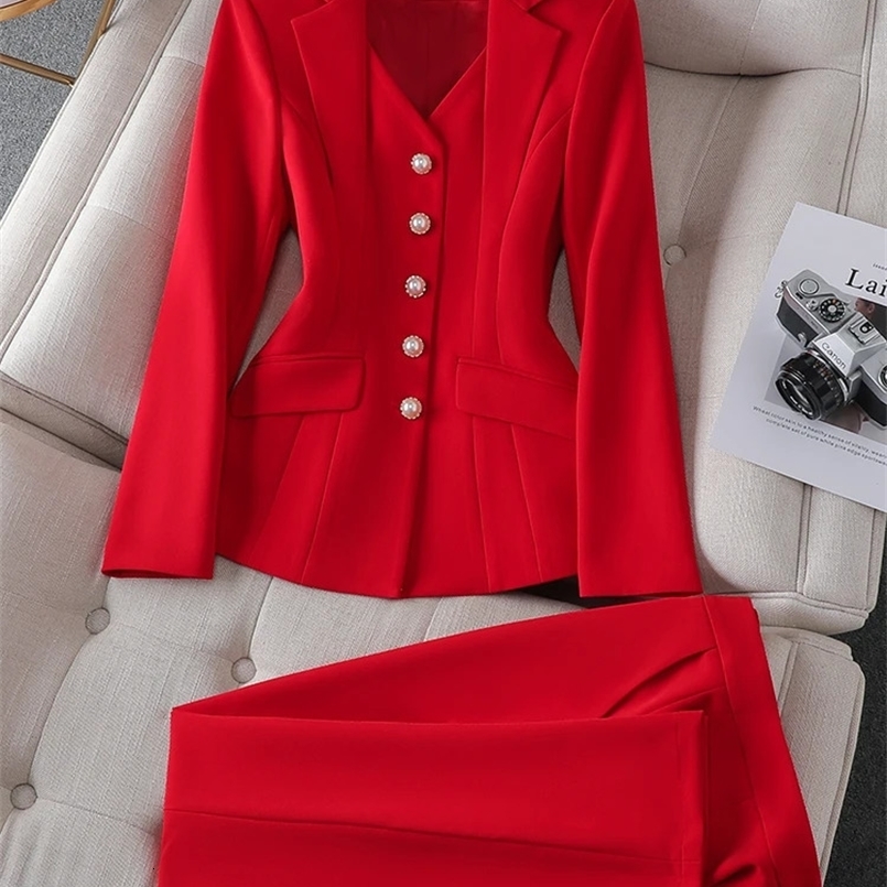 Fashion White Red Black Blazer Jacket And Pant Suit Trousers Women Female Office Ladies Work Wear Formal 2 Piece Set 240826