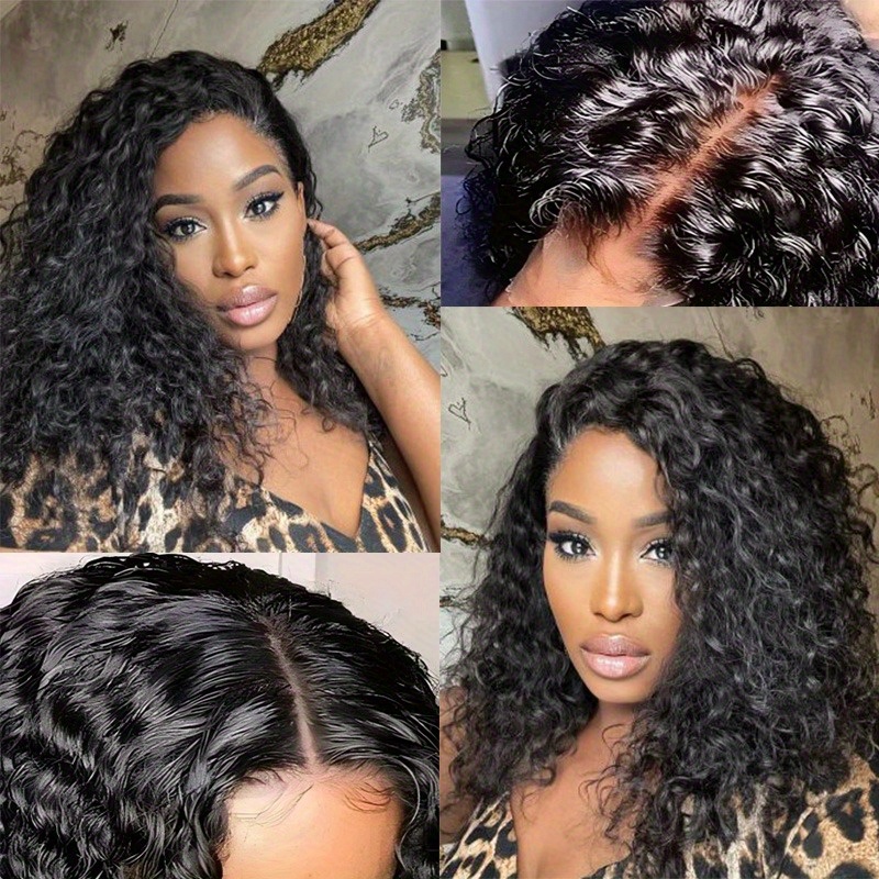 Brazilian Water Wave Human Hair Wig 250% Density Short Curly Bob Lace Front for Women Natural Black Short Hair Wig