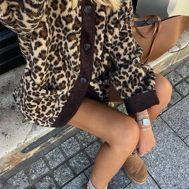 Fashion comparison leopard print single chest jacket elegant womens O-neck long sleeved pocket jacket womens warm jacket 241021