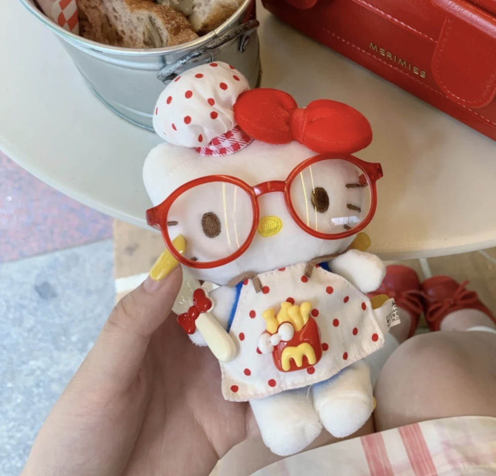 MINISO McDonald hellokitty cartoon red glasses apron pendant doll schoolbag doll plush pendant keychain female