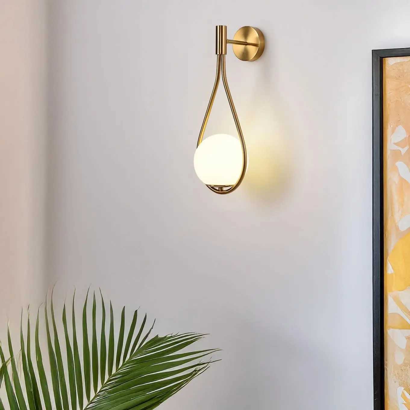 LED Indoor Wall Light Gold Globe Wall Lamp White Glass Shade Metal Wall Sconce for Restaurant Headboard Living Room No Bulb C251124