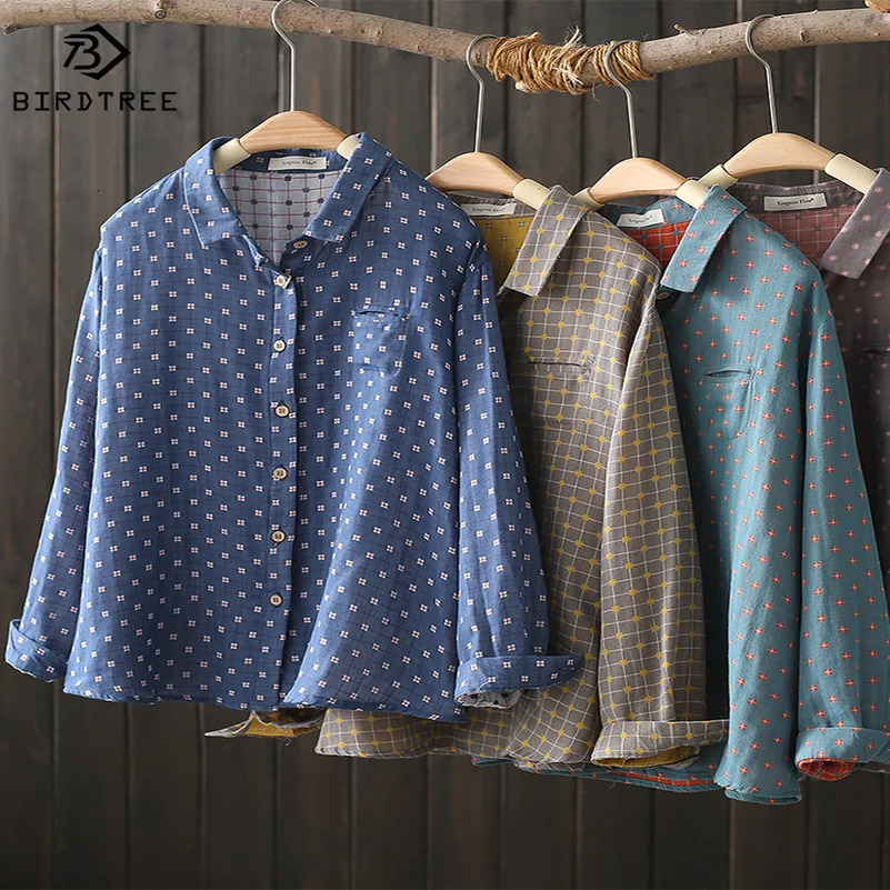 Autumn Two Layer Cotton Yarn White Shirts Women Dot Print Tops Long Sleeve Pocket Loose Casual Blouses Spring T38513JM 250417