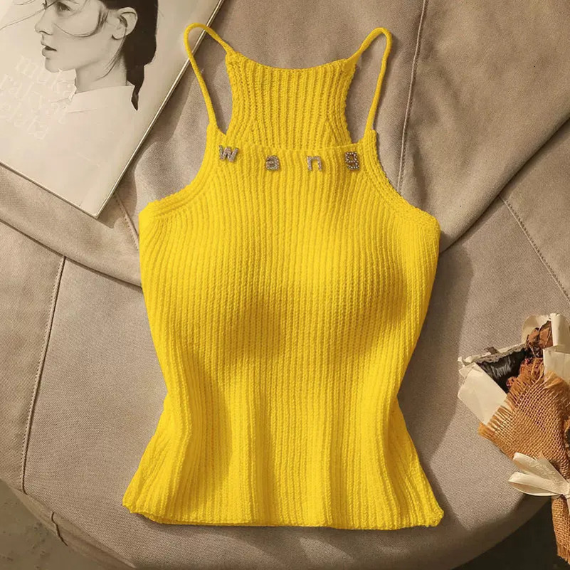 Ladies Letter Knitting Halter Camisole Summer Interior Lapping Trend Sexy Slim Sleeveless Top Tee Women Clothing O-neck Crop Top 250417