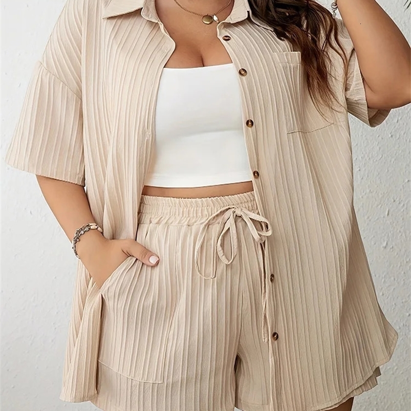 GIBSIE Plus size summer womens two-piece set holiday casual button short sleeved elastic waist shorts 250427