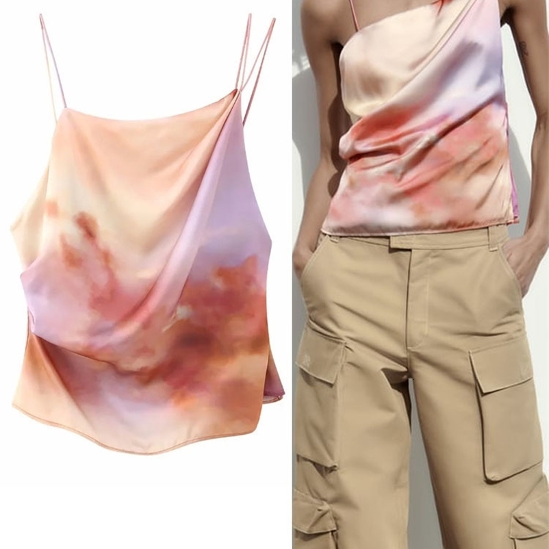 Camisoles Tanks TRAF Print Crop Top Women Asymmetric Satin Cami Top Female Backless Sexy Tops Woman Camisole Sleeveless Summer Tank Tops 230426