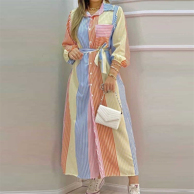 Fashion Women Shirt Dress Long Sleeve Summer Color Stripe Long Dresses Laides Turn-down Collar Loose Sundress Party Dress 210709
