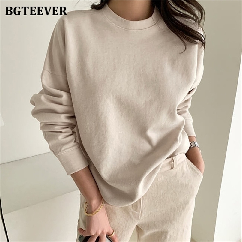 BGTEEVER OL Style Loose Women Solid Sweatshirts Autumn Winter New Oneck Long Sleeve Female Pullovers Tracksuits T200904