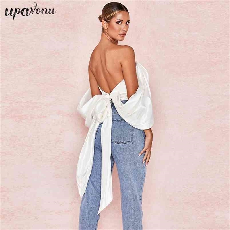 Free Women's Satin Shirt White Sexy Strapless V-neck Card Shoulder Open Back Lace-Up Top Club Party 210524