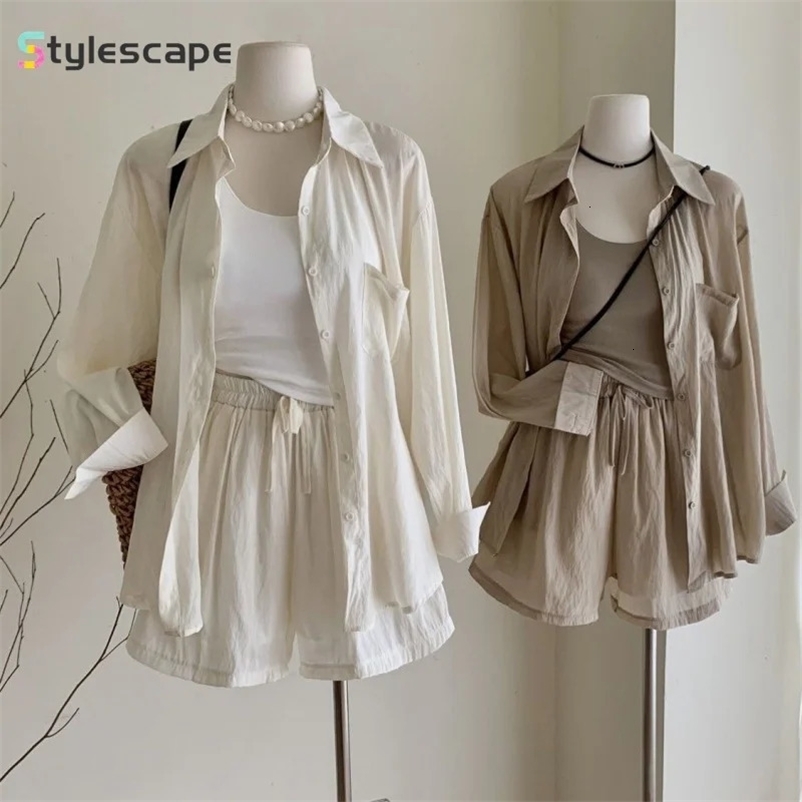 Lazy Korean Casual Polo Collar Sun Protection Shirt with Stacked Short Suspender Vest Shorts Three Piece Set for Woman 240704