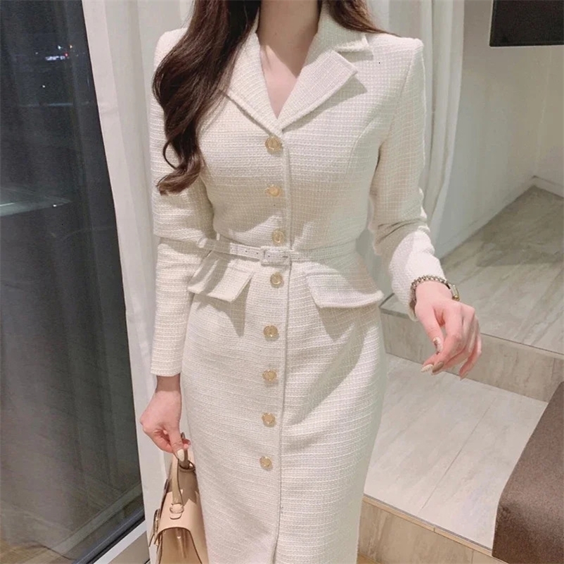 WDMSNA Tweed Long Dress Women Korean Chic French Style Suit Collar Metal Vestidos Single Breasted Lace Up Slim Waist Dresses 240106
