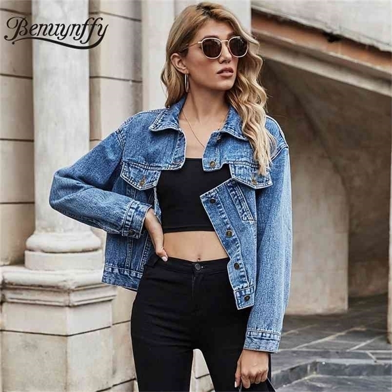 Turn-down Collar Cut Out Back Denim Jacket Women Spring Fall Single Breasted Jean Coats Long Sleeve Female Outwear 210510