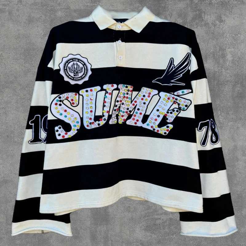 2 Pcs Shirts Coords Sume DIAMOND Embroidery Stripe Shirt Y2K Retro Classic Unisex Oversized Long Slved Shirts Sets X250924