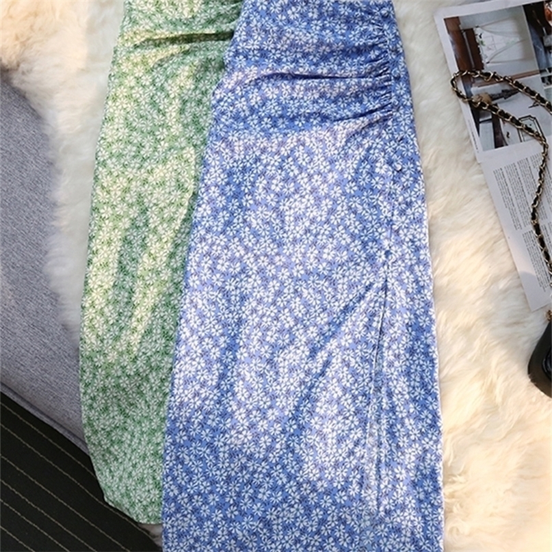 Syiwidii Floral Skirts Womens Y2k Casual Button Folds Empire Side Split High Fashion Sexy Skirt Summer Long Zipper Clothes 220701