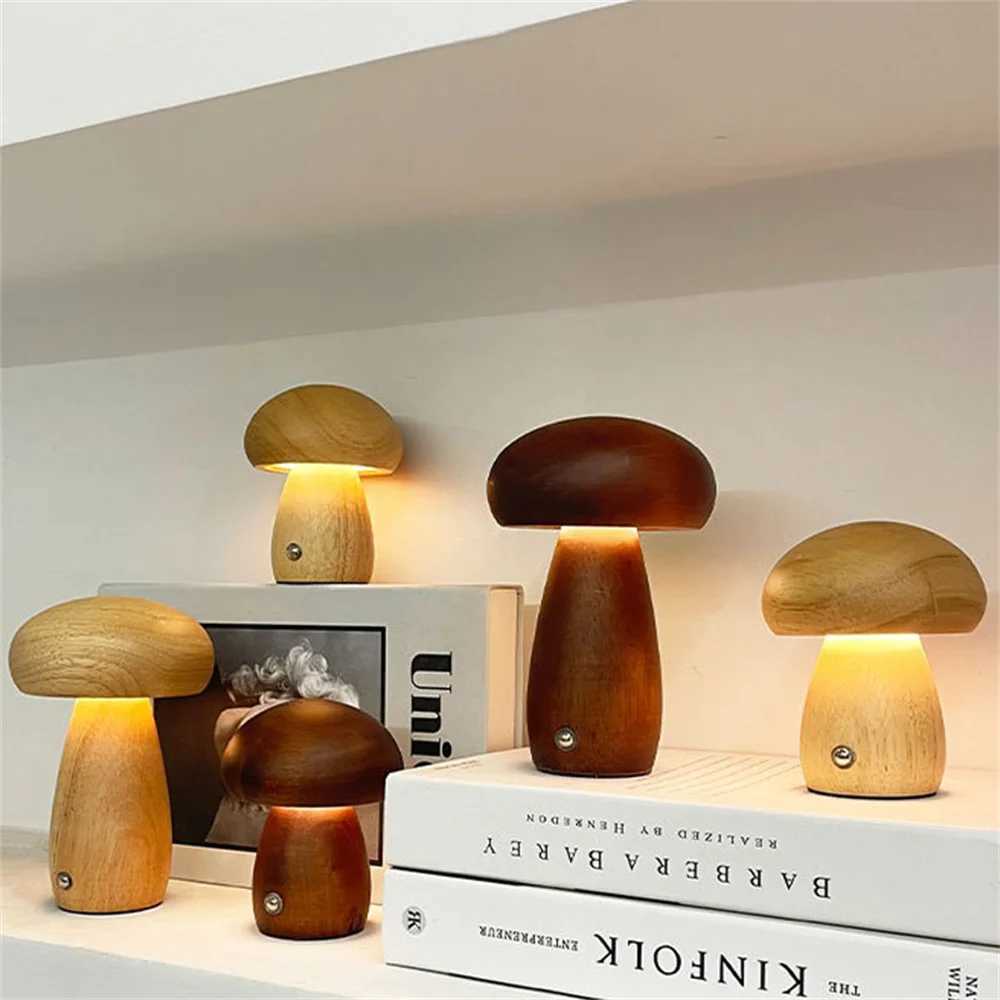 Wooden Mushroom Lamp Portable Cordless Rechargeable Battery Operated LampStepless Dimming Night Light for Birthday Gifts C251115