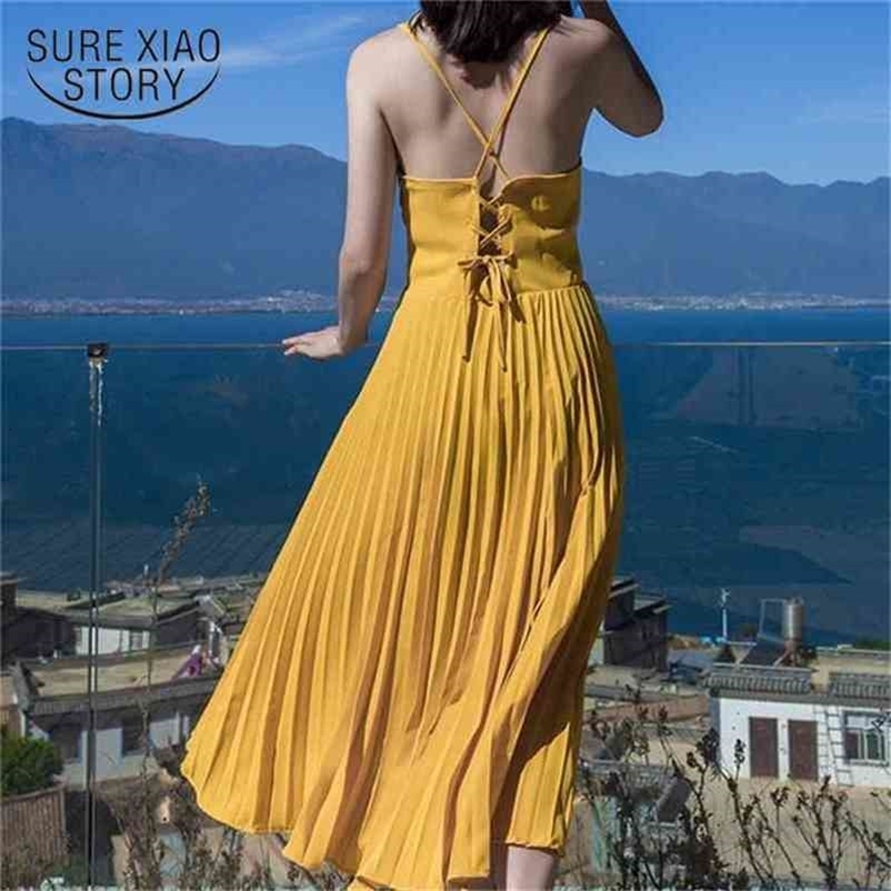 summer backless sexy style dress A line slash neck sweet long lady fashion strap solid yellow es 0213 40 210506