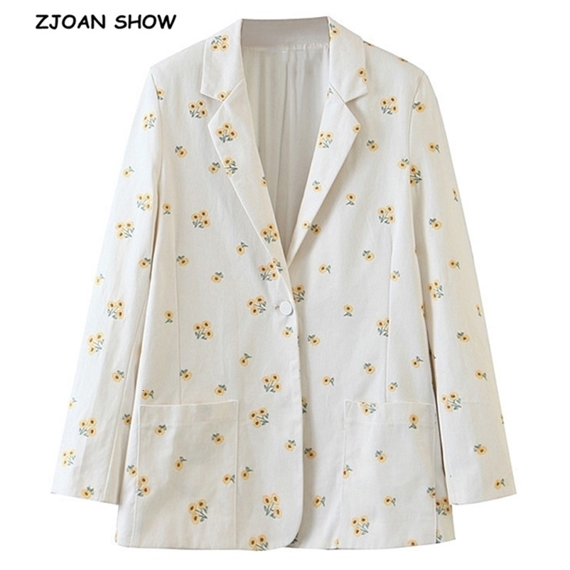 Boyfriend White Embroidery Smaller Flower Blazer Vintage Women Notched Long sleeve Loose Suit Back Slit Casual Coat Outwear 210429