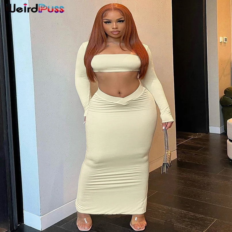 Weird Puss Autumn Women 2 Piece Set Tracksuit Trend Long Sleeve Crop TopsWide Waistband Maxi Skirts Casual Streetwear Suits 240423