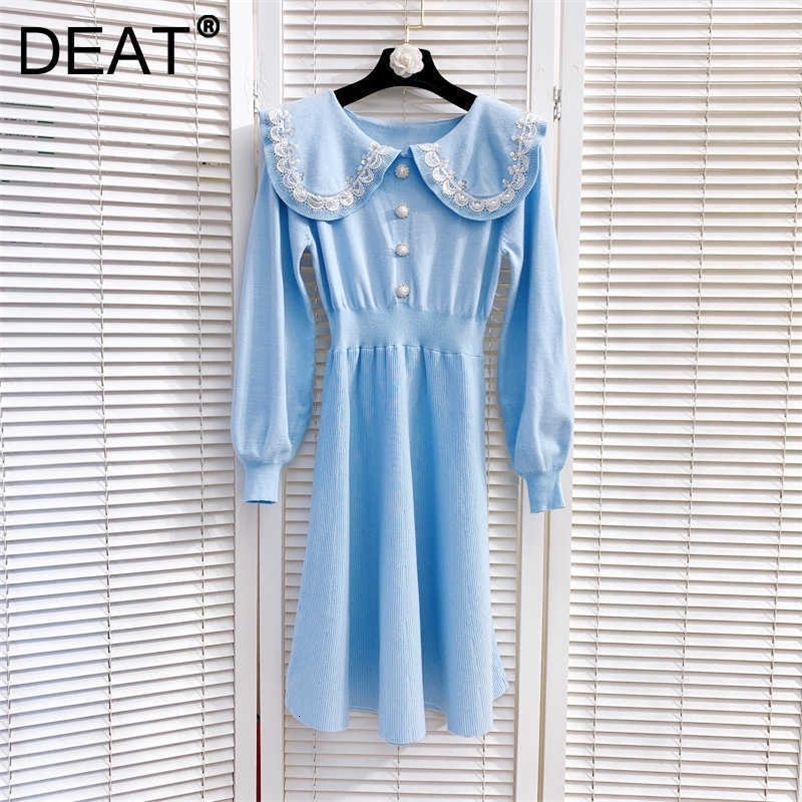 DEAT Women Stitching Sequins Slim Knitted Dress Peter Pan Collar Long Sleeve Elastic Waist Fashion Spring Summer MZ749 210709