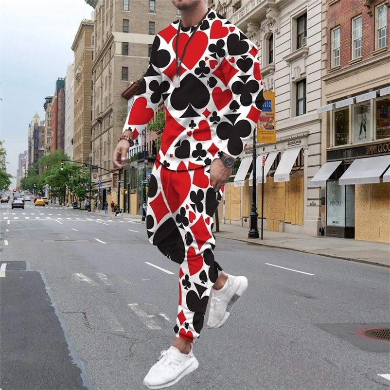Fashion Poker 3D Print Mens Sportswear Set Casual Long-Sleeved T Shirt Pants 2-Piece Set Oversized Pullover Men Clothing 250214
