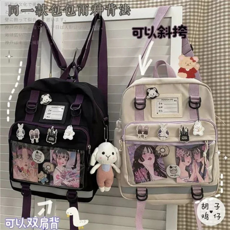 Japanese second element backpack school bag for teenagers and girls nylon womens shoulder transparent pocket Itabag Mochila 240903
