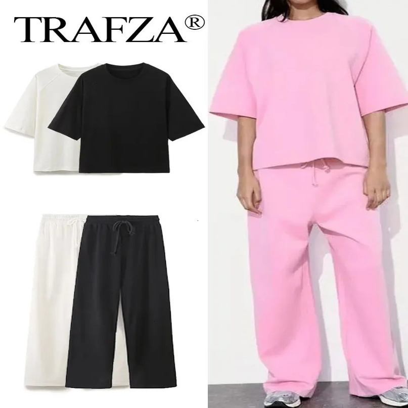 TRAFZA Summer Women Casual T Shirt Pant Sets Elegant Pink O Neck Short Sleeve TShirt Drawstring Loose Trousers Spring Suit 240423
