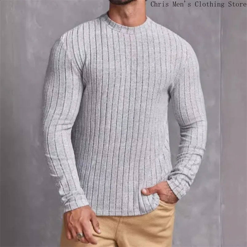 Autumn Winter Simple Fashion Mens Slim-fit Knitwear Casual Solid Color Pullover Elastic Fitness Sports Long-sleeved T-shirt 250117