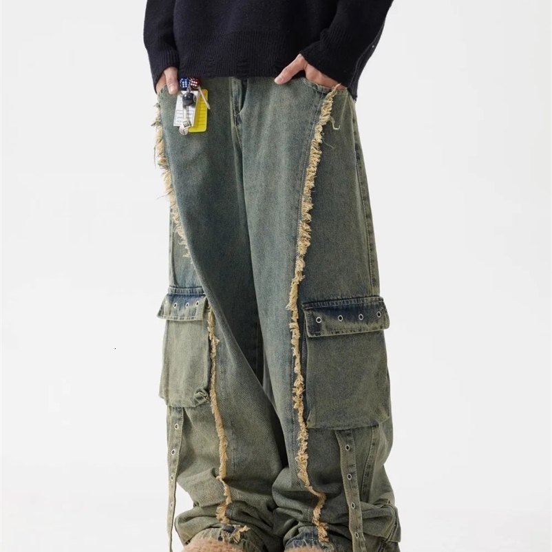 UNCLEDONJM Light Wash Colossus Fit Jeans Multi-pocket Stacked Jeans Distressed Men Jeans 240912