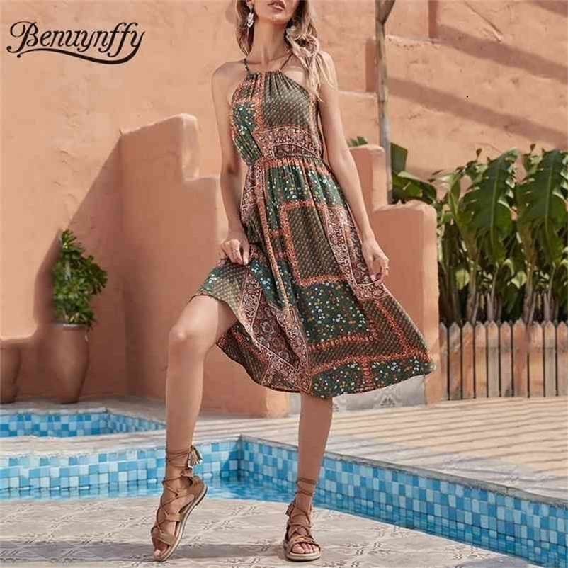 Ethnic Print Tie Back Halter Dress Ladies High Waist Sleeveless Holiday Boho Casual Summer Beach Dresses For Women 210510