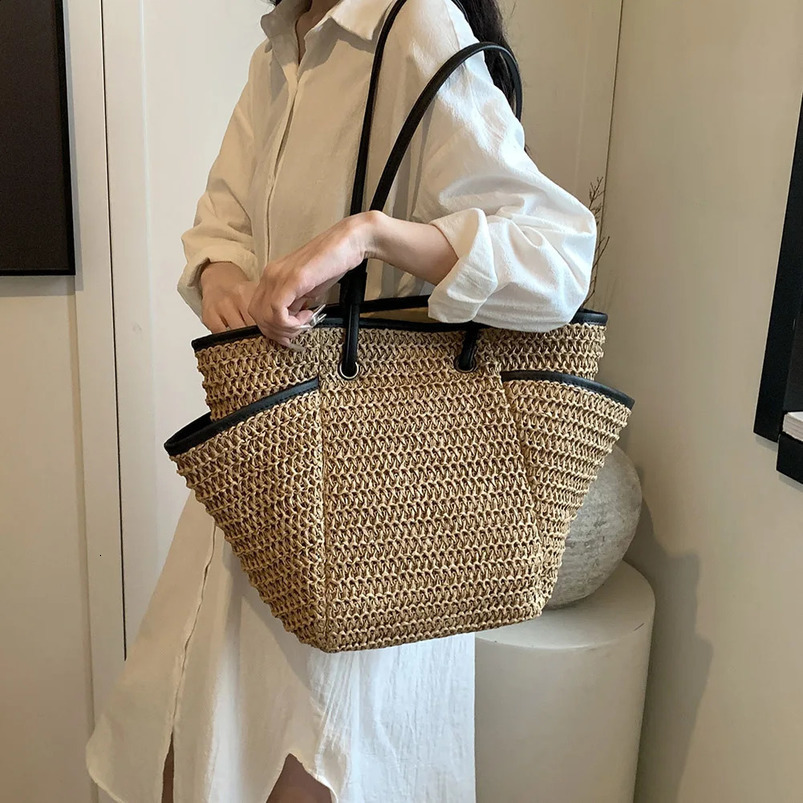 Large grass beach bag womens summer handbag with multiple pockets shopping y casual shoulder 240913