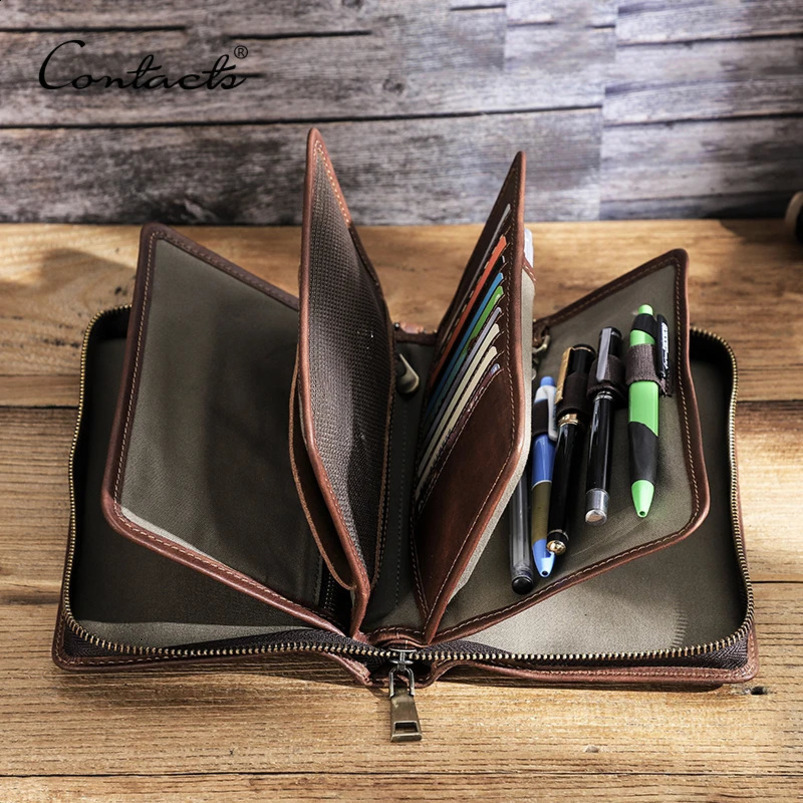 Ship from US CONTACTS Mens Clutch Bag Large Capacity Genuine Leather Male Wallet Zipper Card Purse Document Holder Passport Cover Walet 250228FBB