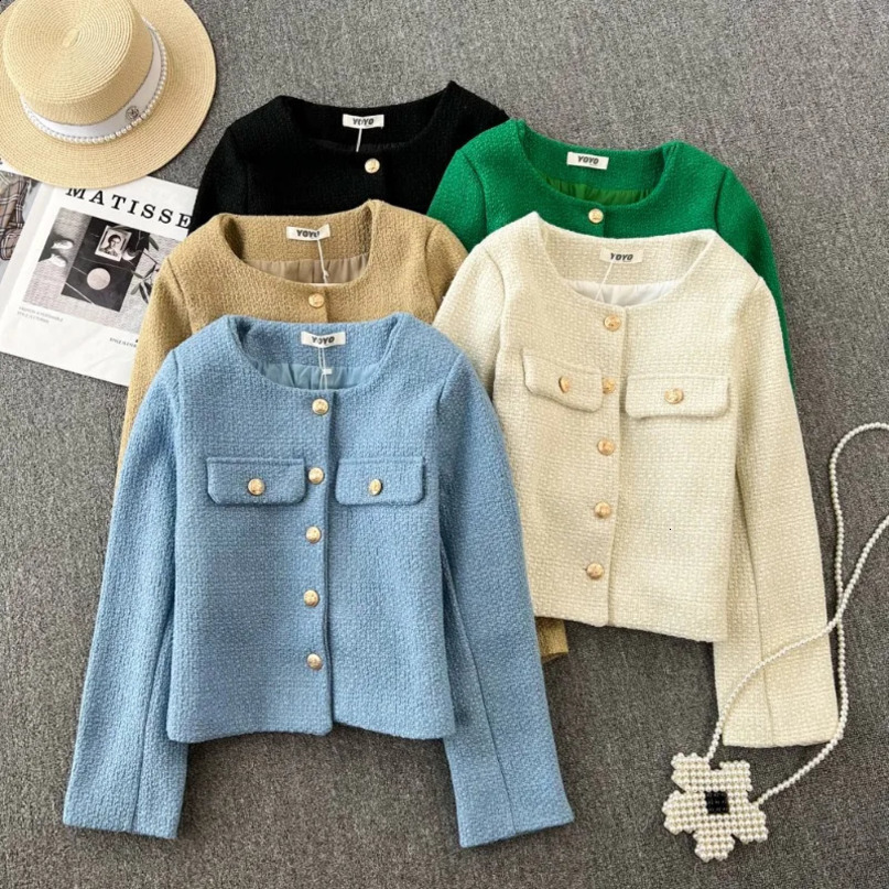 Autumn Winter French Woolen Tweed Short Jacket Womens Chic Golden Buttons Long Sleeve Coat Female Single Breasted Top Outwear 240307
