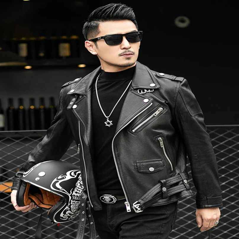 Spring Autumn Short Cool Black Leather Biker Jacket Men Zipper Long Sleeve Belt Plus Size European Fashion leather jackets 241122
