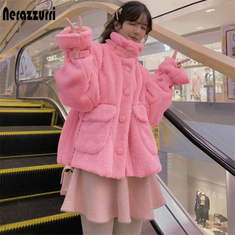 Nerazzurri Kawaii white soft fluffy faux fur jacket women long sleeve zipper pockets Pink coats and jackets fashion 210928