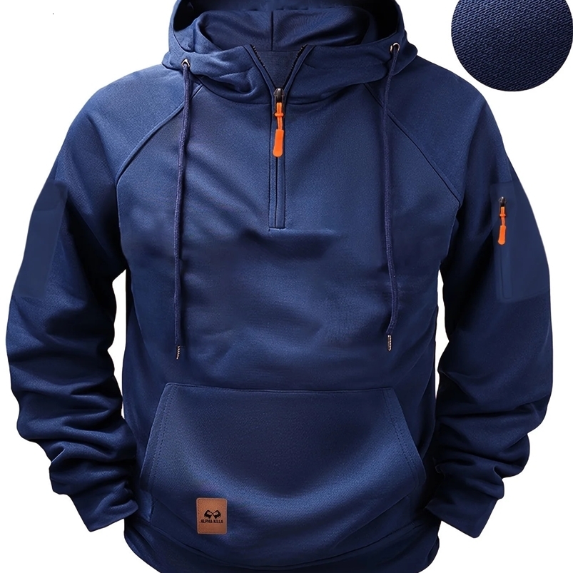 2025 Mens Half Zipper Hooded Sweatshirt Casual Sweatshirt Retro Harajuku Sleep Multi Pocket Loose Sweatshirt 241214