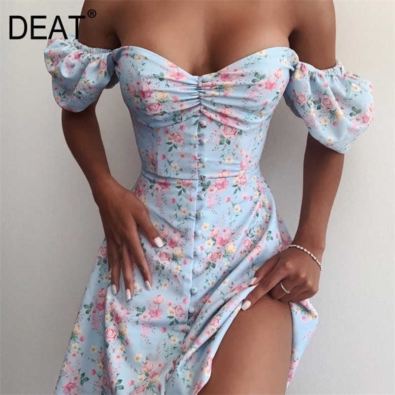 DEAT Spring Slash Neck Floral Printed Short Puff Sleeve Party Long Dress Women Button Sexy Dress Women Sexy Vestidos ML766 210709