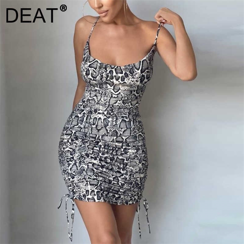 DEAT Spring Summer Fashion Sexy Sleeveless Skinny Snake Open Back Drawstring Short Dress Women SK782 210709