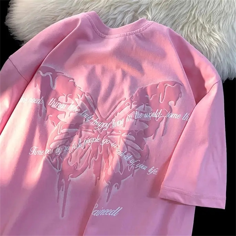 American Creative Butterfly Letter Round Neck Short Sleeve T-shirt Men and Women Oversize Summer Cotton Loose Couple Y2k Top Ins 240129