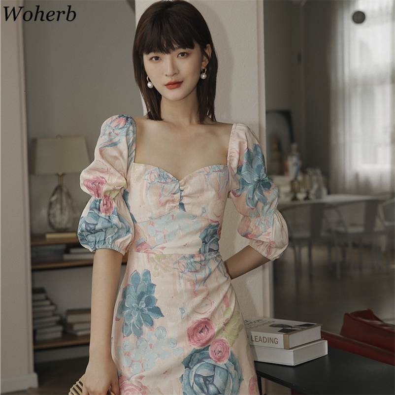 Square Collar Mini Dresses Woman Vintage Puff Sleeve Slim Dress Summer All Match Floral Print Robe Elegante Vestidos 210422