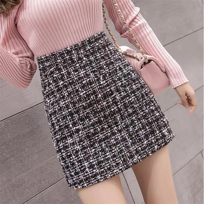 Skirts Women Tweed Skirt Spring Autumn High Waist Slim A-line Double-breasted Mini Skirt Elegant Korean White Black Skirts 231129