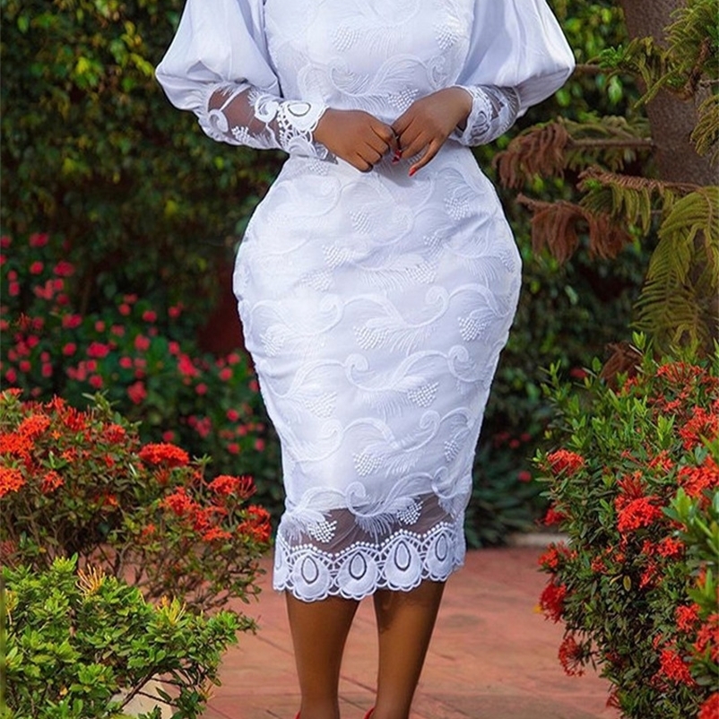 Party Dresses Elegant Women White Lace Puff Sleeve Embroidery Pencil Large Size 4XL Ladies Wedding Birthday Dinner Evening Clothes 221128