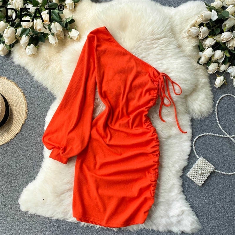 DEAT Women Slim Drawstring Dress Diagonal Collar Long Sleeve Arrivals Lady Sexy Fashion Spring Summer 11D2009 210709