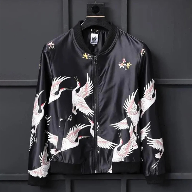 Y2K Chinese Style High Street Fashion Trend Crane Print Flight Jacket Mens Trendy Japanese Spring Autumn Baseball Uniform Jacket 240717