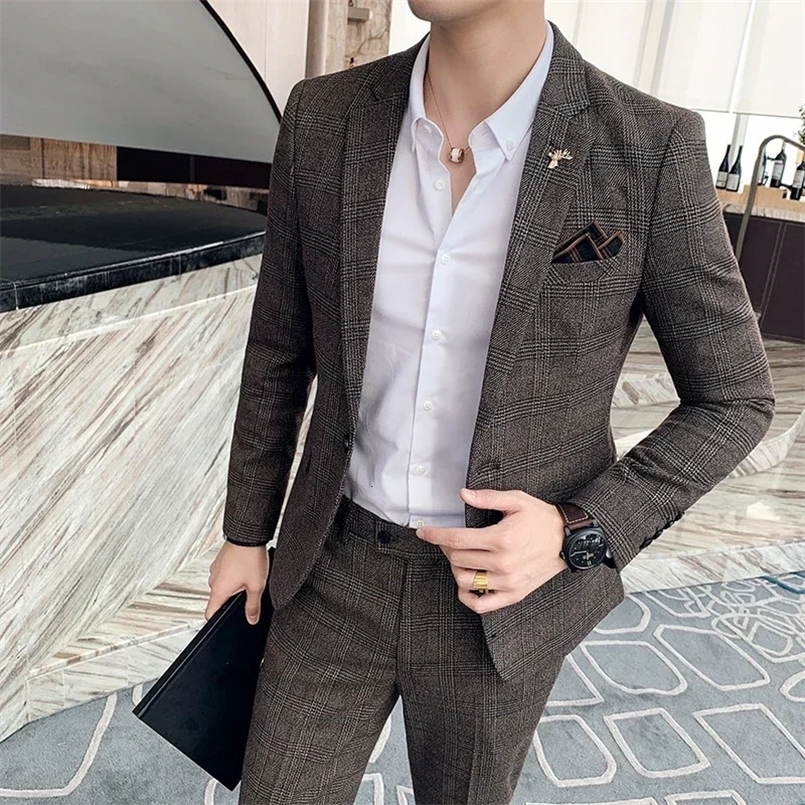 High end official business checkered mens grooms wedding dress solid color stage performance evening gown S-7XL 241025