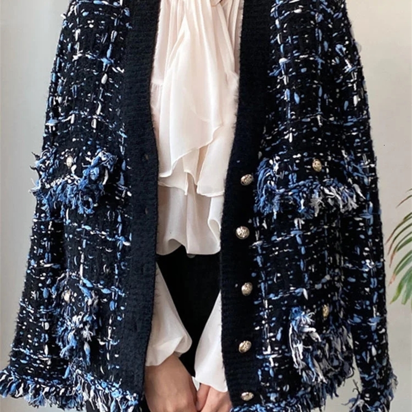 Women's Wool Blends UCXQ Vintage Tassels Burrs Patchwork Contrast Color V-neck Single Breasted Tweed Jacket Autumn Casual Loose Coat 23A2383 2311