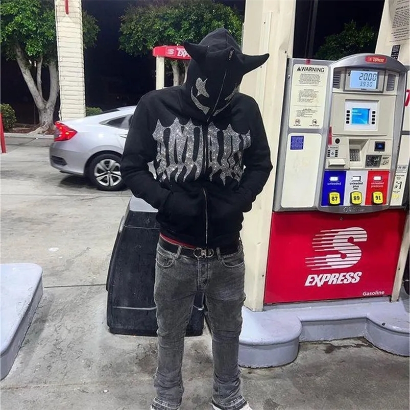 Mens Y2K Fashion Hoodie Monster Horn Rhinestones Hoodie Clothes Hoodies Goth Grunge Long Sleeve Women Sweatshirt Oversized Tops 250117