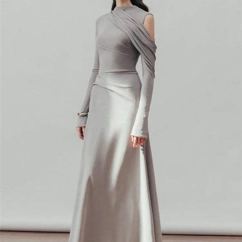 DEAT Elegant Dress Half High Neck Hollow Asymmetric Long Sleeve Mid Low Waist Womens Party Dress 2025 Spring Style 13DL999 250103